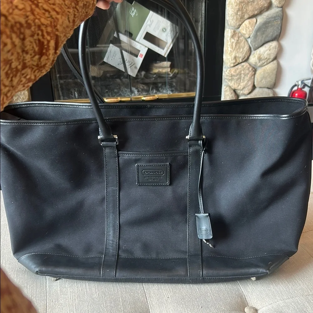Coach Canvas Black Tote Leather Trim Double Zipper Weekender Bag